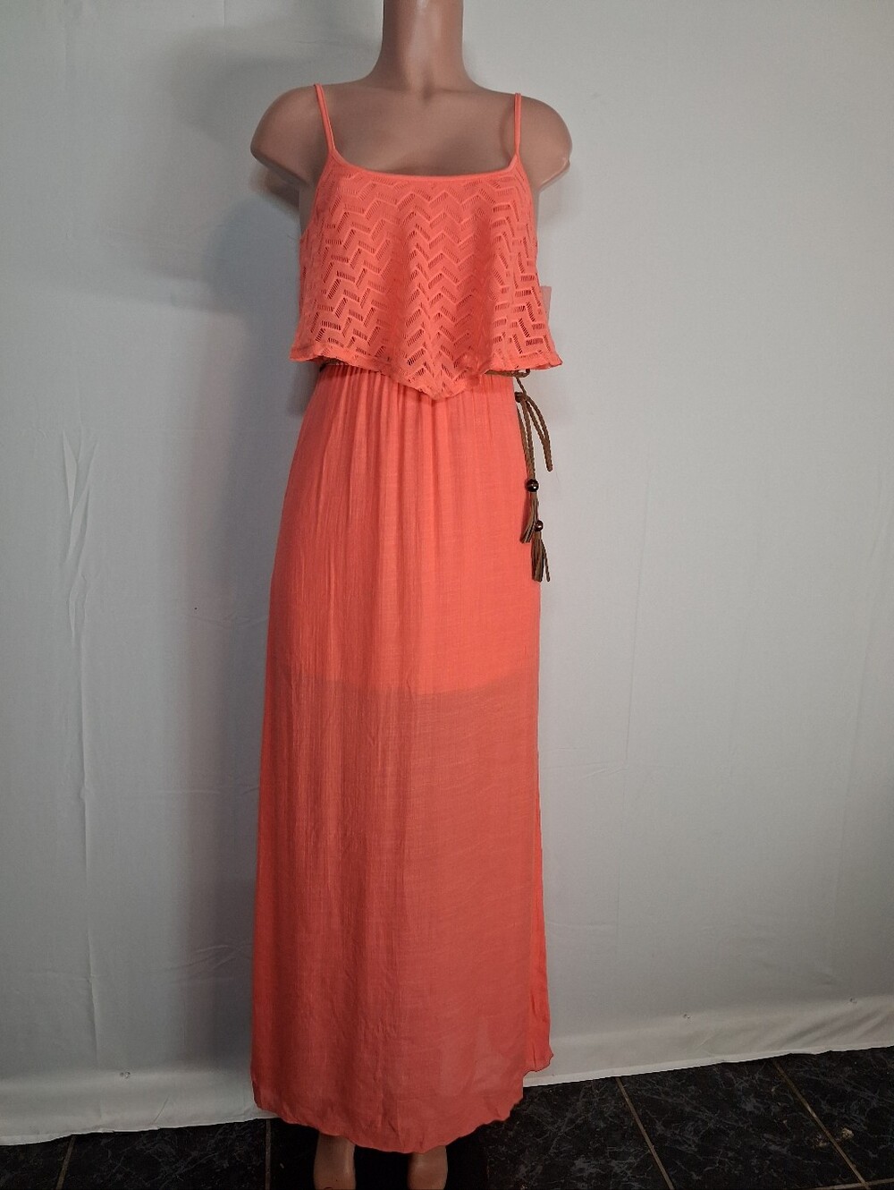 "Trixxi Neon Coral Maxi Dress Crochet Ruffle Rope Belt Sz S